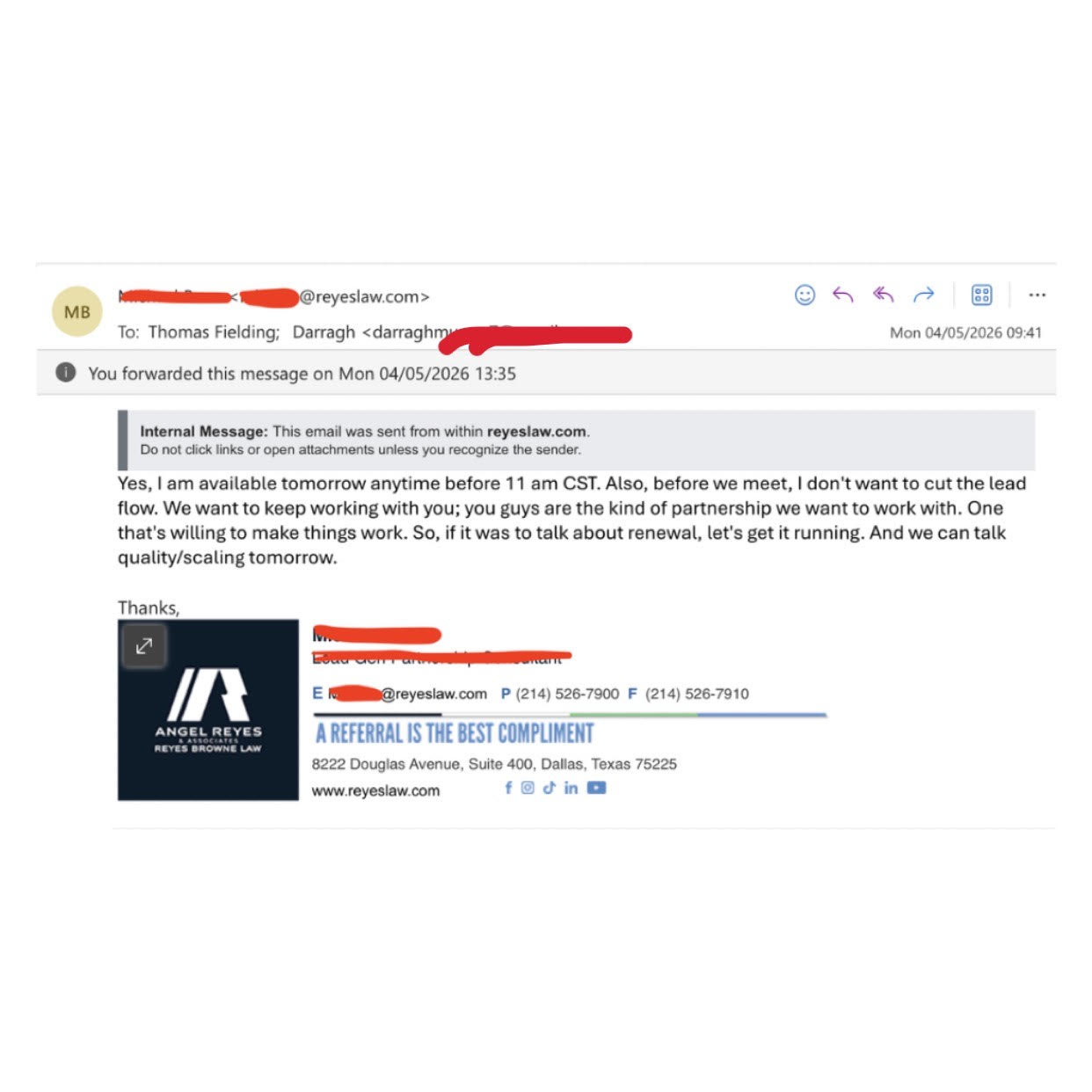 Client email from Reyes Law confirming partnership renewal