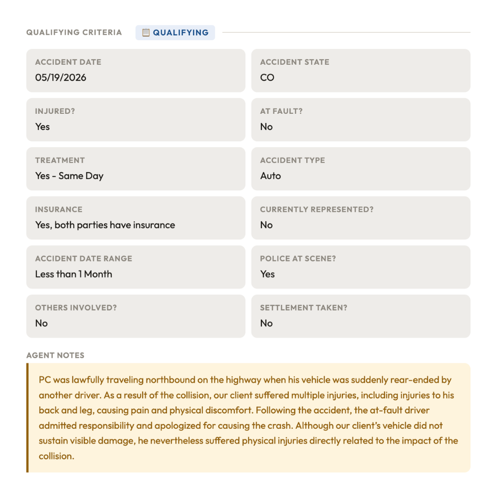 Qualifying criteria detail for a single lead